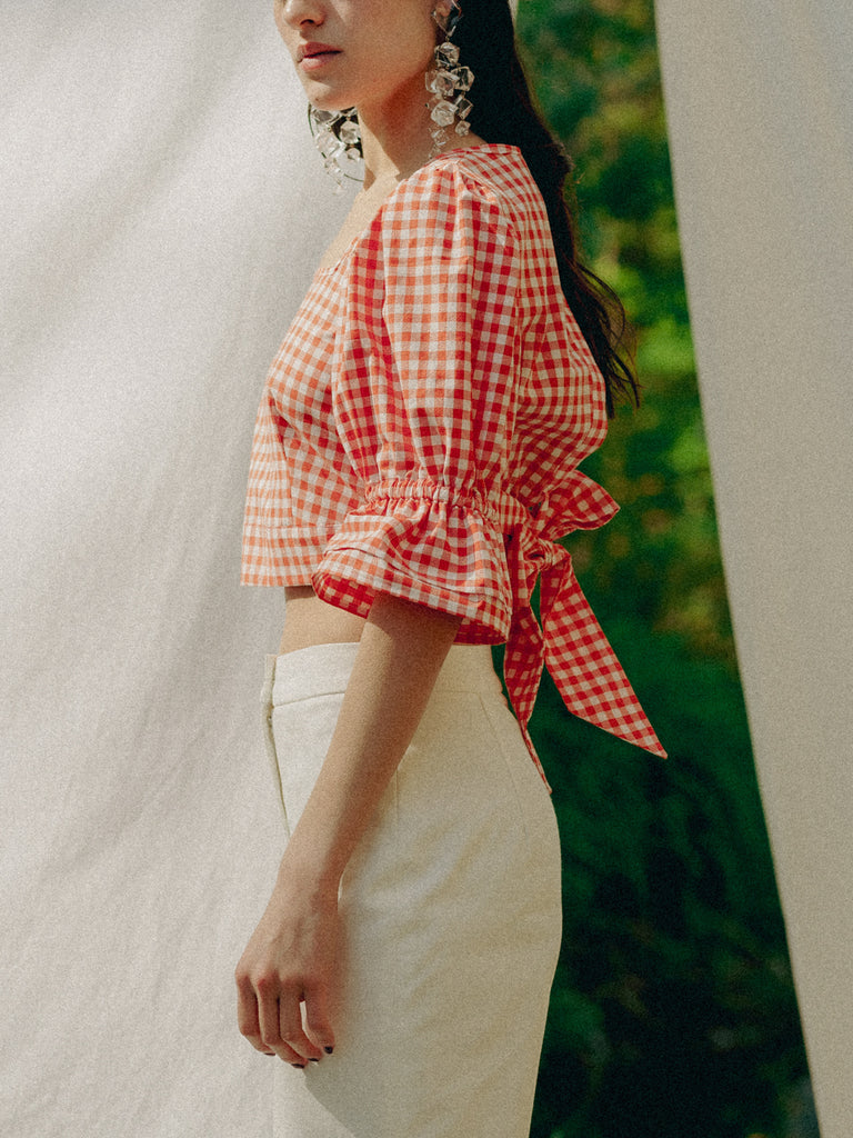 ADELE top: 100% organic cotton, GOTS vichy pattern, handmade in Switzerland, vegan, white/tangerine.
