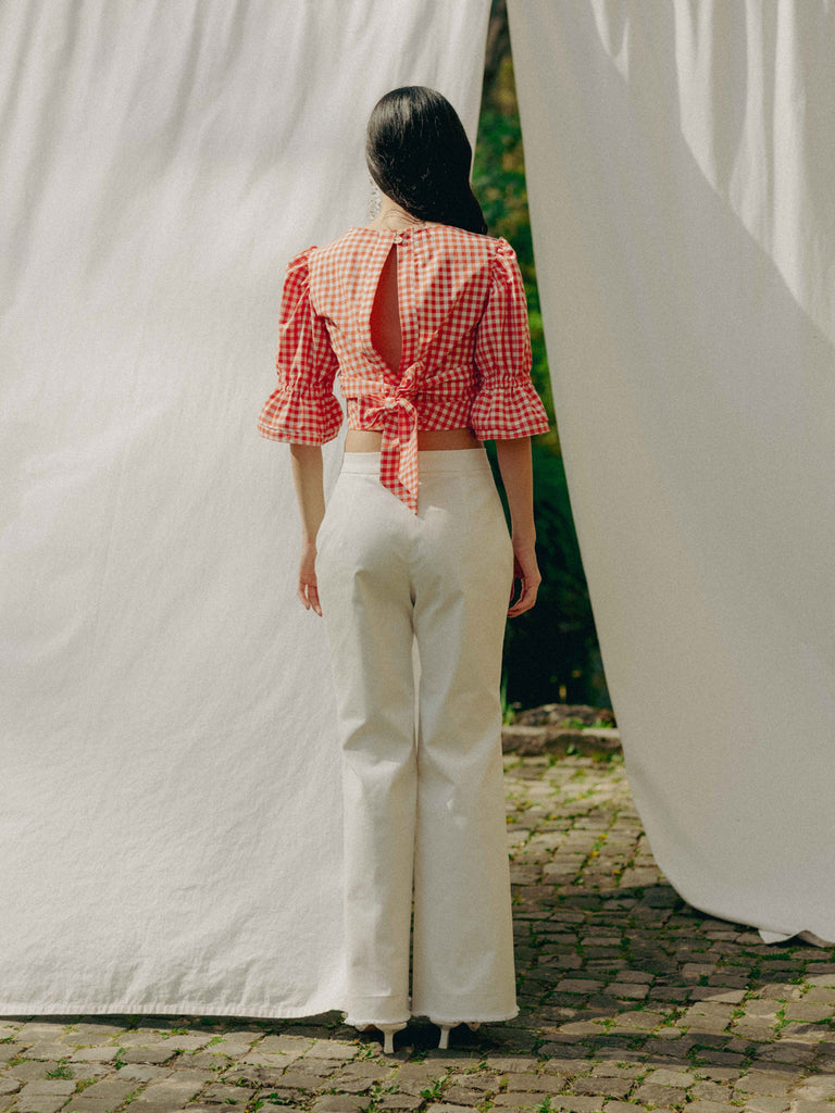 ADELE top: 100% organic cotton, GOTS vichy pattern, handmade in Switzerland, vegan, white/tangerine.