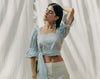 Vegan ADELE top in GOTS organic cotton with vichy pattern, handmade in Switzerland, includes a waist belt.