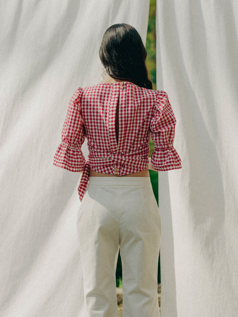 Vegan ADELE top in GOTS organic cotton with vichy pattern, handmade in Switzerland, includes a waist belt.