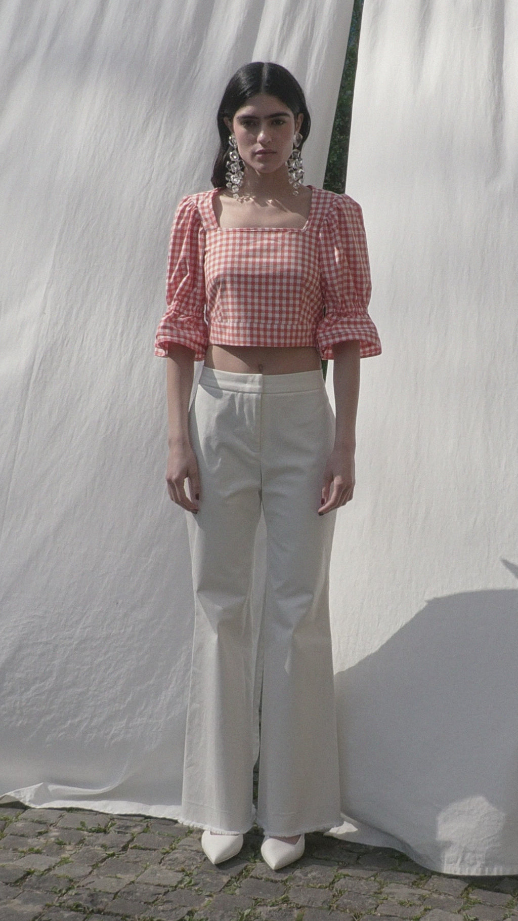 ADELE top: 100% organic cotton, GOTS vichy pattern, handmade in Switzerland, vegan, white/tangerine.